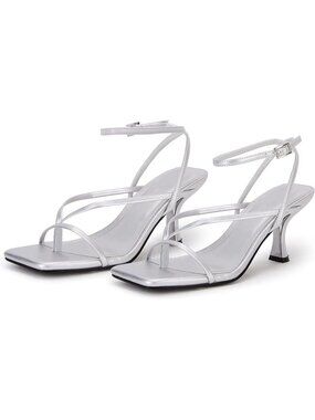 Women's Silver Lace Up Square Flip Flop Strappy Leather High Heeled Sandals